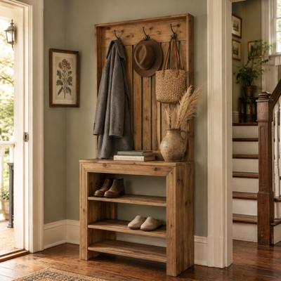 OEM Solid Wood Hall Tree with Shoe Storage, 68'' Tall Entryway Coat Rack Hall Tree with hooks, Open Shelves for Entryway Bedroom