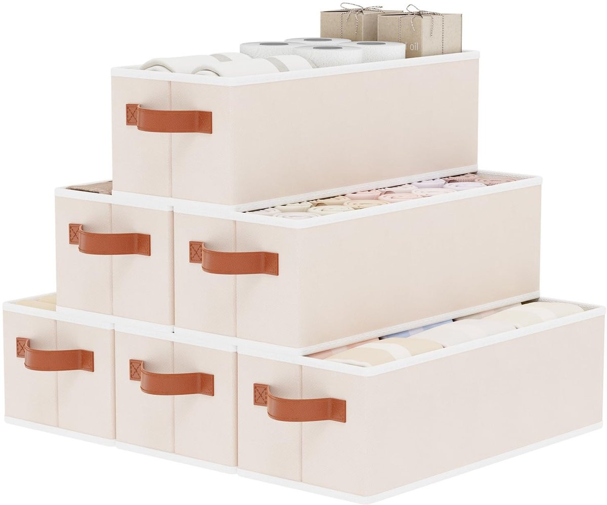 Set van 6 vouwbare opbergmanden met handvatten - Beige organizer voor badkamer en kasten