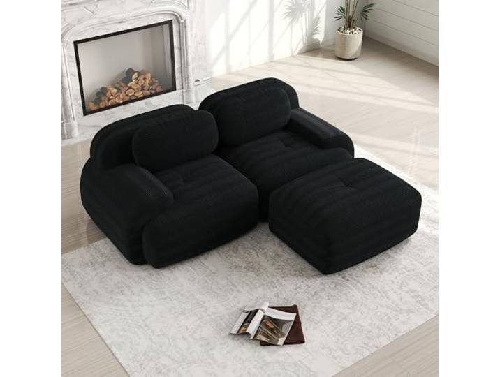 Ball & Cast Cord Sofa, Boneless Couch mit Ottomane, Ohne Montage, Sofa Modular mit Polsterung für Wohnzimmer, Schlafzimmer, Schwarz, 2 Sitze + 1 Ottomane