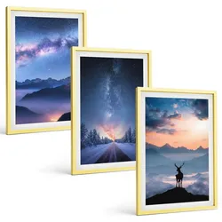 BILDER SET 3er Set - 40x60 cm Goldrahmen - Nachthimmel Berge Nebel Hirsch