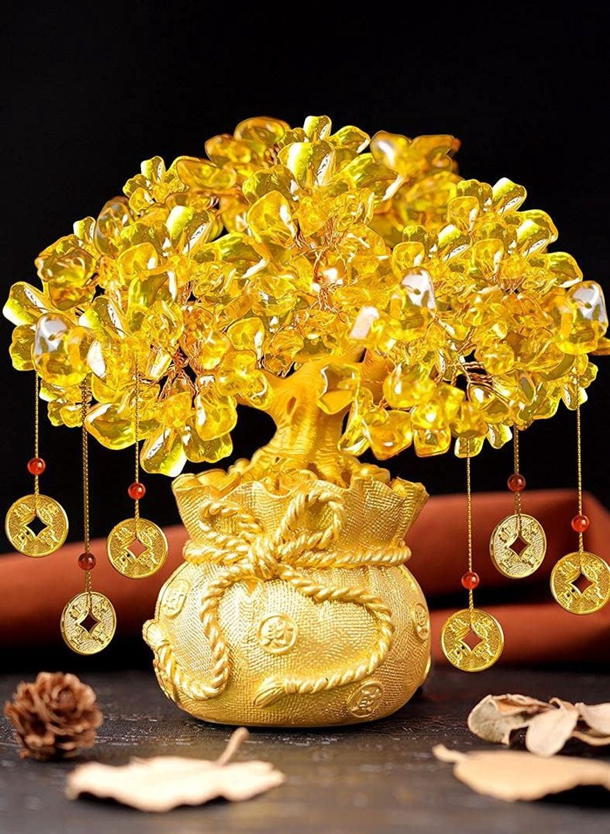 Feng Shui Kristallen Geldboom Citrien - Bonsai Ornament met Geluksmunten - Goud