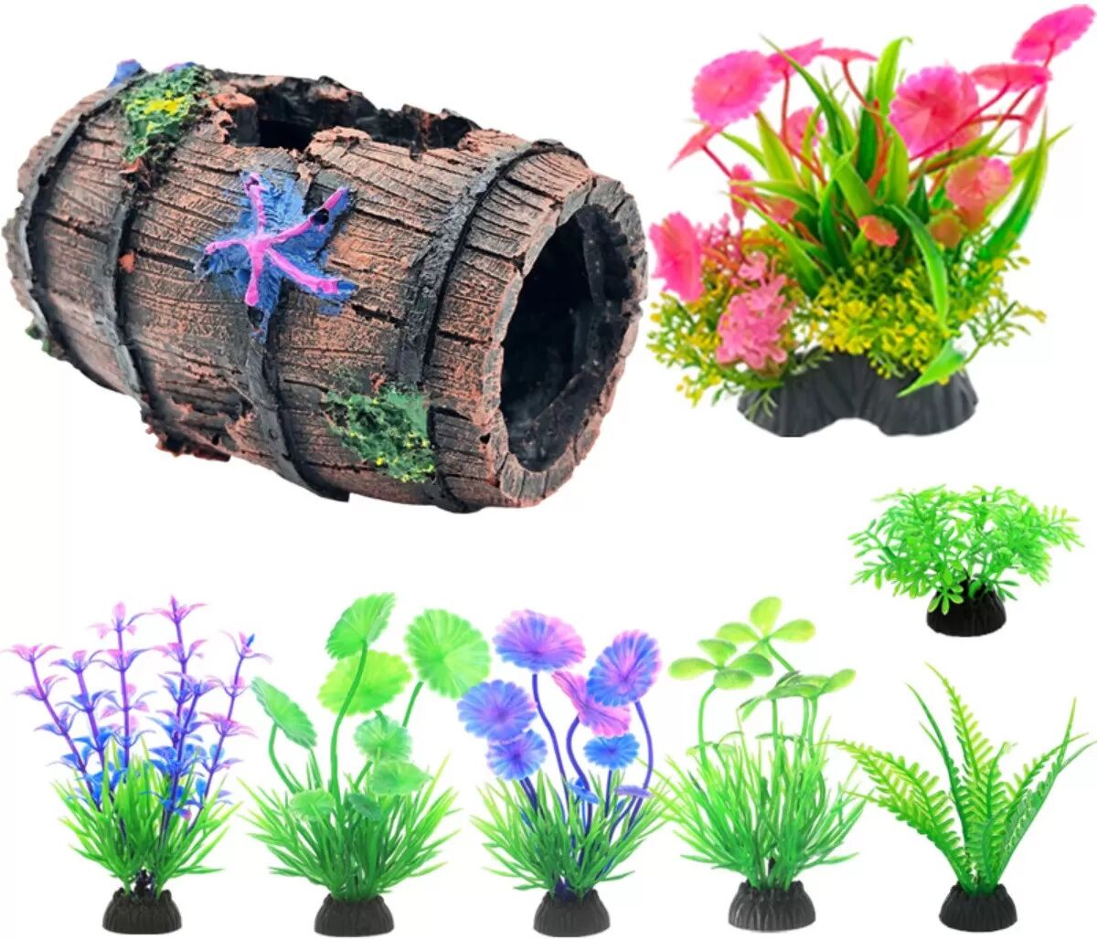 INF 12-teiliges Aquarium Dekorationsset: Aquarium Ornament mit Harzfass Versteck und künstlichen Pflanzen