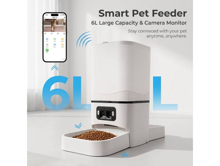 Distributeur automatique de nourriture pour animaux de compagnie 6L avec application mobile, double compartiment, pour chats et chiens, bol en acier inoxydable, distributeur vidéo intelligent