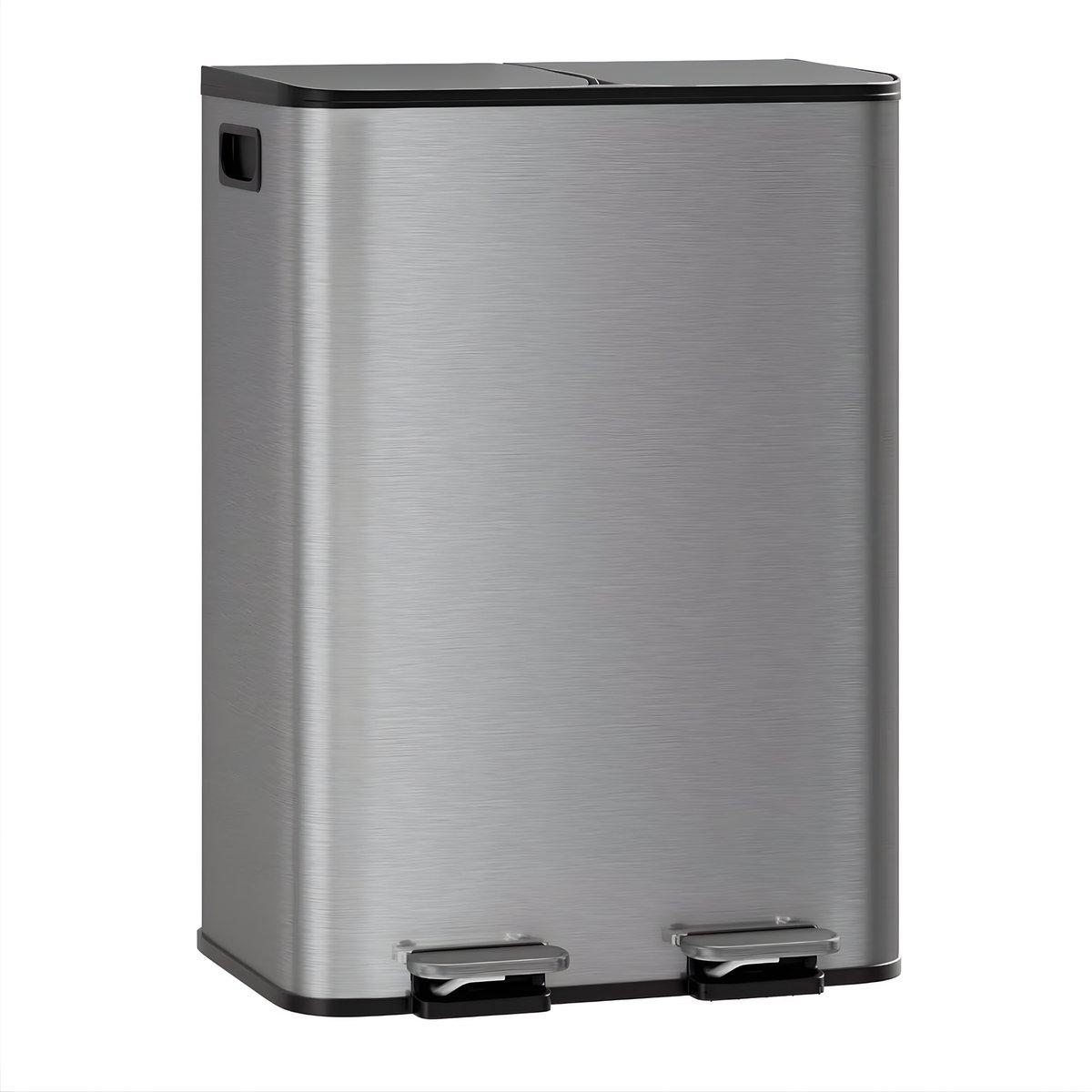 Doppel Mülleimer 2x40L - Edelstahl Treteimer mit Soft-Close Deckel - Matt Grau