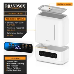Brandson Luftbefeuchter, Ultraschall, Digital Display, Schlafmodus, 4 l Wassertank, UV Entkeimung, Aroma Fach, Luftbefeuchter, Weiss