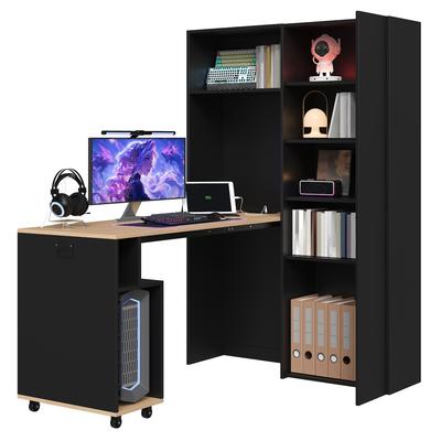 Merax Klappbarer 2-in-1 Schreibtisch mit Bücherregal 104.5x30.5x160 cm, mit Steckdose & USB, Eck-Schreibtisch rechts, Schwarz