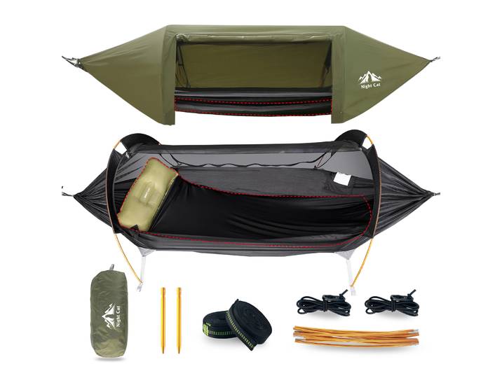 Hamac Solo Camping avec mouche de pluie et filet anti-insectes, tente hamac avec poche de rangement pour coussin de couchage vert/camouflage