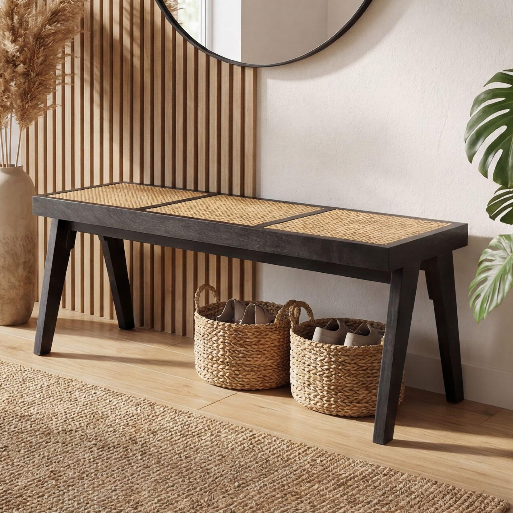 Sitzbank Rattan Massivholz 120cm Bettbank Holzbank Flurbank Design Bank Handmade