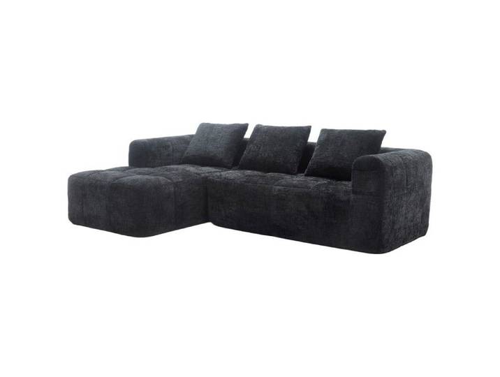 Canapé D'angle L Chenille Noir 3 Places Méridienne Accoudoirs 3 Coussins Poche Télécommande Livré Monté 250x158x60cm