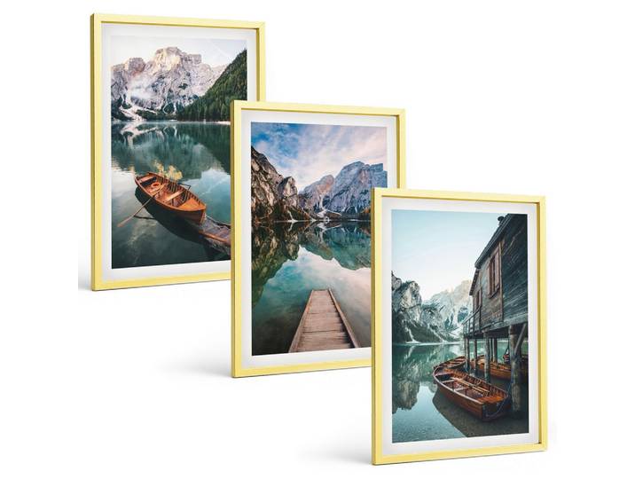 BILDER SET 3er Set - 40x60 cm Goldrahmen - See, Berge, Boote, Ferienhaus