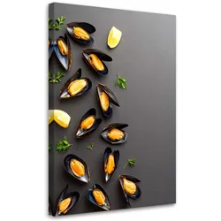 LEINWANDBILD Meeresfrüchte Muscheln und Kräuter 80x120cm