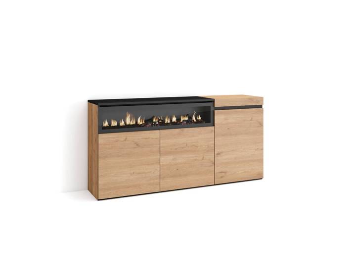 Buffet effet bois de chêne et noir 150x35x75cm cheminée effet feu