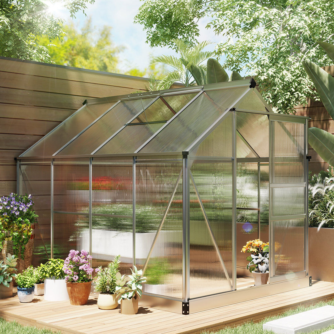 Outsunny Polycarbonate Greenhouse Walk in Slide Door Silver Tone 6.6' H x 6.2' W x 8.3' D