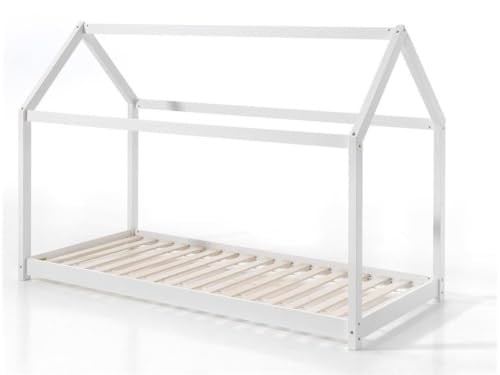 Vipack Bed Cabane huisbed voor kinderen, wit, massief hout, 90 x 200 cm