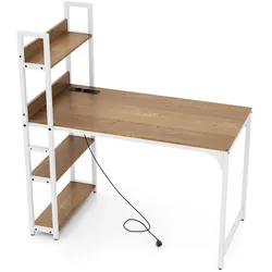 COSTWAY Schreibtisch mit Ladestation, Bücherregal & Metallrahmen, Holz‐PC‐Tisch mit USB & Steckdosen, Natur