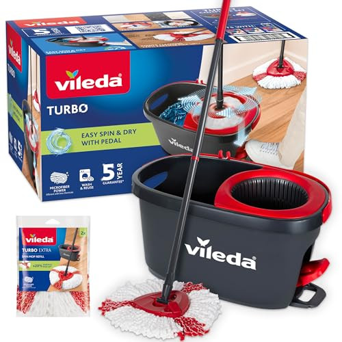 Vileda Turbo mop met pedaalemmer en 2 navullingen, grijs, met telescopische steel 85 – 130 cm en microvezelfranjes