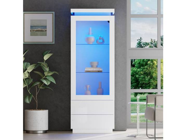 SENVIRO Vitrine Armoire haute vitrine en verre brillant avec éclairage LED 60x40x171cm blanc