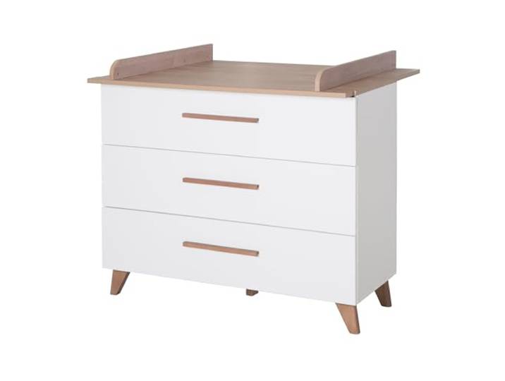 roba Wickelkommode Ole inkl. abnehmbarem Wickelaufsatz - Wickeltisch mit 3 Schubladen inkl. Füßen und Griffen aus Massivholz - Holz weiß/Dekor dunkle Eiche