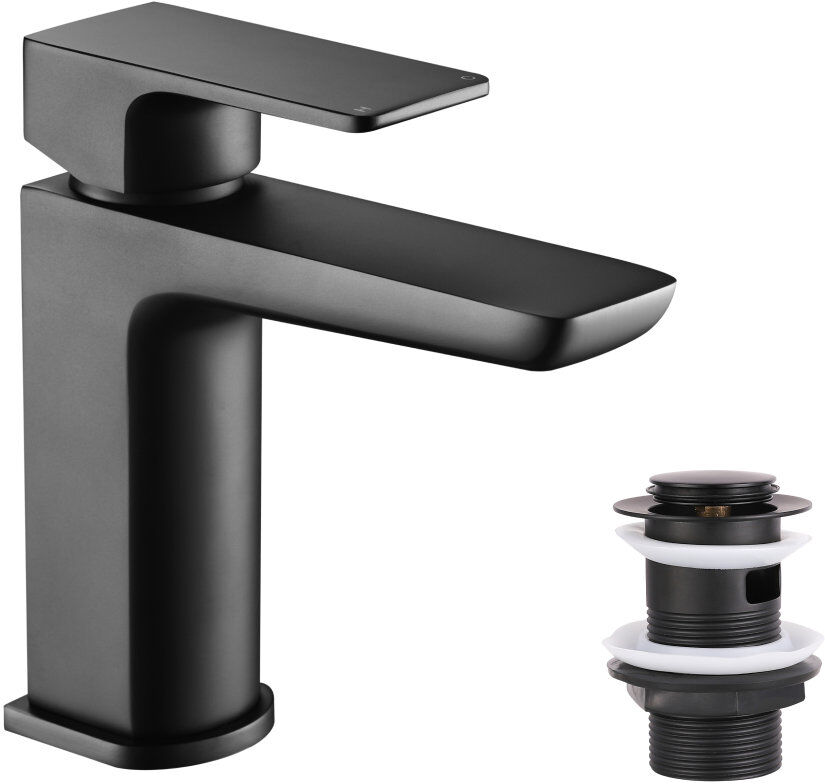VeeBath Lunar Soft Square Mono Basin Mixer Tap with Waste- Matt Black Matte Black 15.6cm