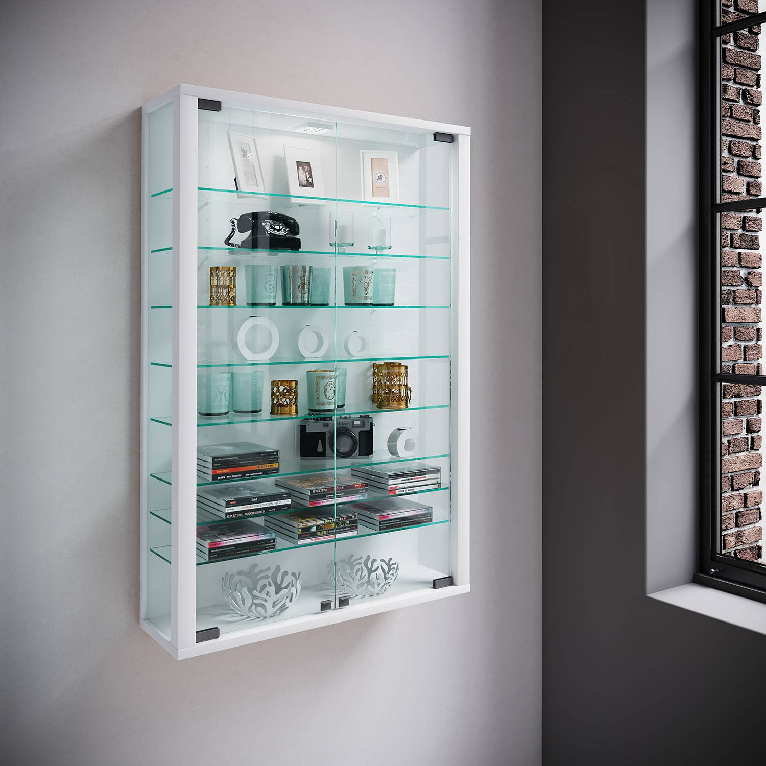 VCM Vitrosa Mini Wandvitrinekast met glazen deuren, Wit