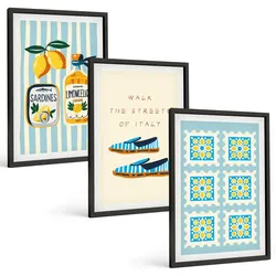 BILDER SET 3er Set - 40x60 cm Schwarzer Rahmen - Früchte, Elemente der italienischen Kultur