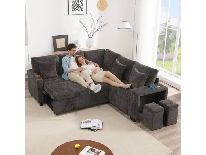 Canapé d'angle, Canapé convertible, gris, porte-gobelets, coussins inclus, USB, pour home cinéma, adapté à l'espace de vie