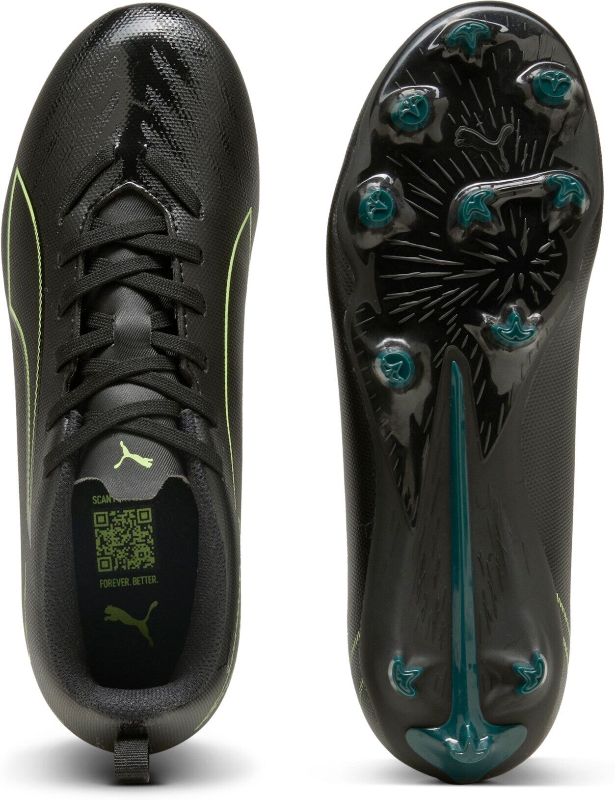 Fußballschuh PUMA "ULTRA 6 PLAY FG/AG JR", Damen, Gr. 38, schwarz (puma schwarz, fizzy light, grün terrain), Synthetik, Schuhe Fußballschuh, für Rasen- und Kunstrasenplätze