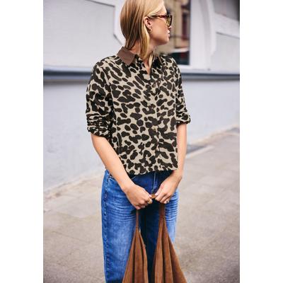 Langarmbluse STREET ONE STUDIO, Damen, Gr. 46, creamed sand, Web, 100% Baumwolle, normal normal, V-Ausschnitt, abgesteppt, Blusen, mit Leomuster