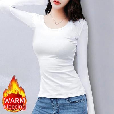 Uplifted Finds O Neck Long Sleeve Fleece Heating Fiber Thermal T Shirt Women Winter Bottoming Cropped Top Casual Skinny All Match xl o neck White