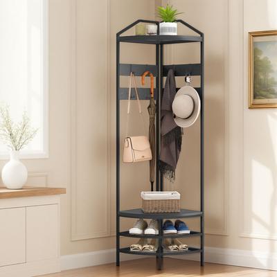 HOMCOM Corner Hall Tree, Industrial 4-Tier Coat Rack with Shoe Storage, 8 Movable Hooks and 2 Storage Shelves,