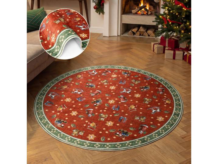 Teppich VILLEROY & BOCH Toy's Delight Nostalgic Noel , rot (rot grün), H:3mm Ø:200cm, Oberfläche: 100% Polyester. Rückseite: 50% Gummi, 50% Polyester, Teppiche, Teppich, Weihnachten, Toys Delight, Wohnzimmer, Waschbar, Baumrock, Christmas
