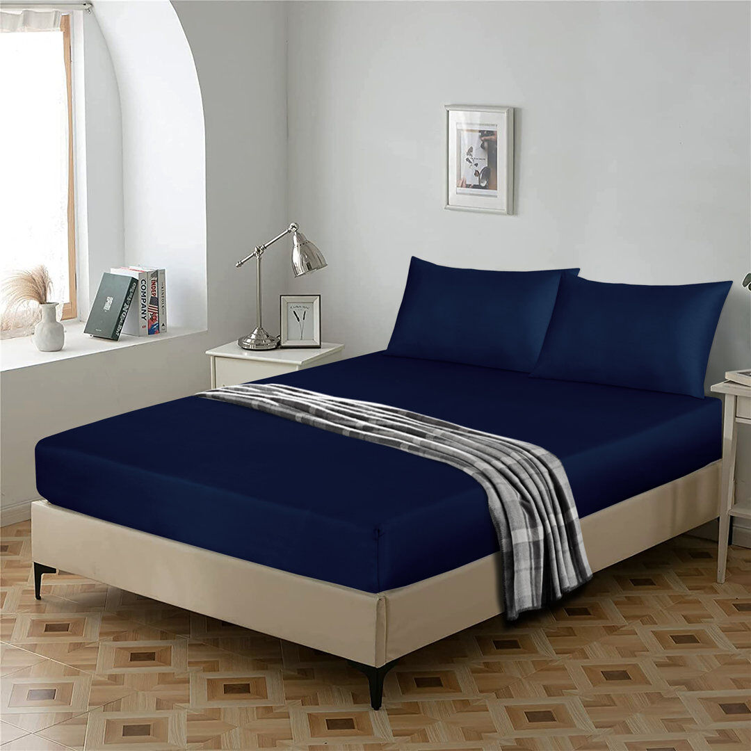 Ebern Designs Egyptian Cotton Flat Sheet, Soft Breathable Bedding for Bedroom Navy Single (3')