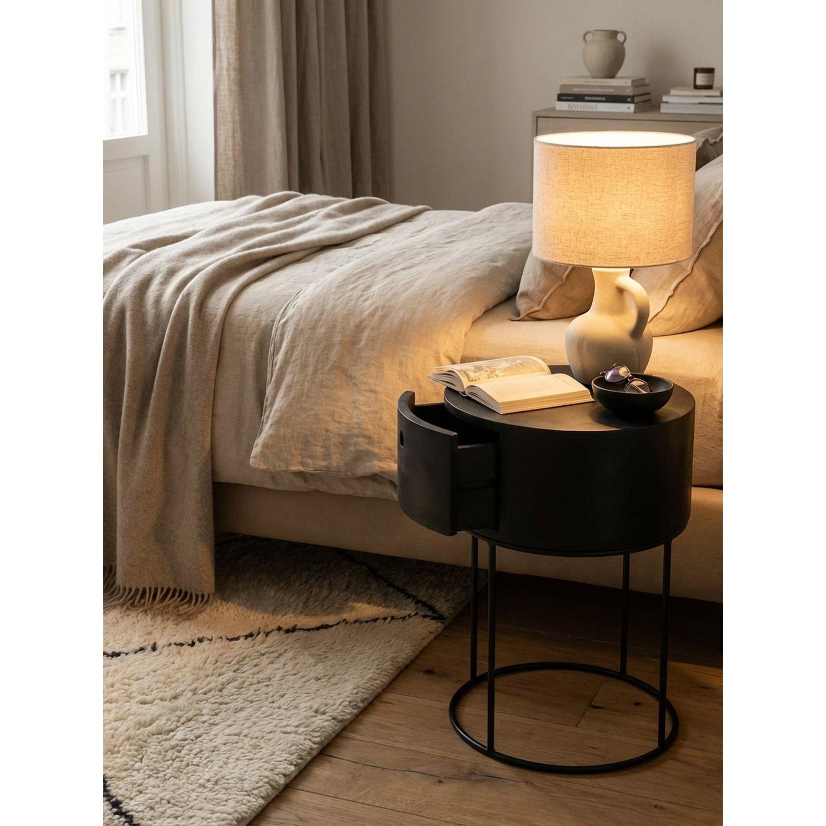 Nachttisch Mango Massivholz Metall Rund Schublade Stauraum, Schwarz 40x40x60 cm