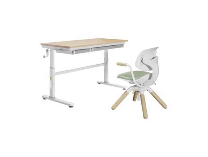 HOKO Kinderschreibtisch-Set höhenverstellbar mit drehbarem Kinderstuhl 120x60 cm Schreibtisch mit 2 Schubladen und Kinderstuhl mit dynamisch mitbewegender Rückenlehne, Holzoptik/Grün, CELIN & LEVI