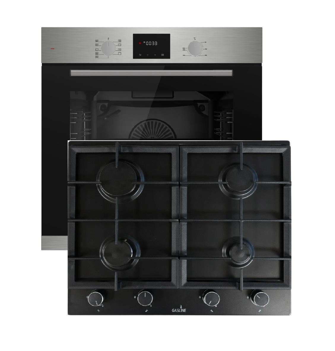 Böhme Einbaubackofen HB60F78PPX mit versenkbare Knebel, Edelstahl Glas mit Heißluft, Timer, 1-fach Teleskopauszug + Gasline Einbau 4-fl. Gaskochfeld