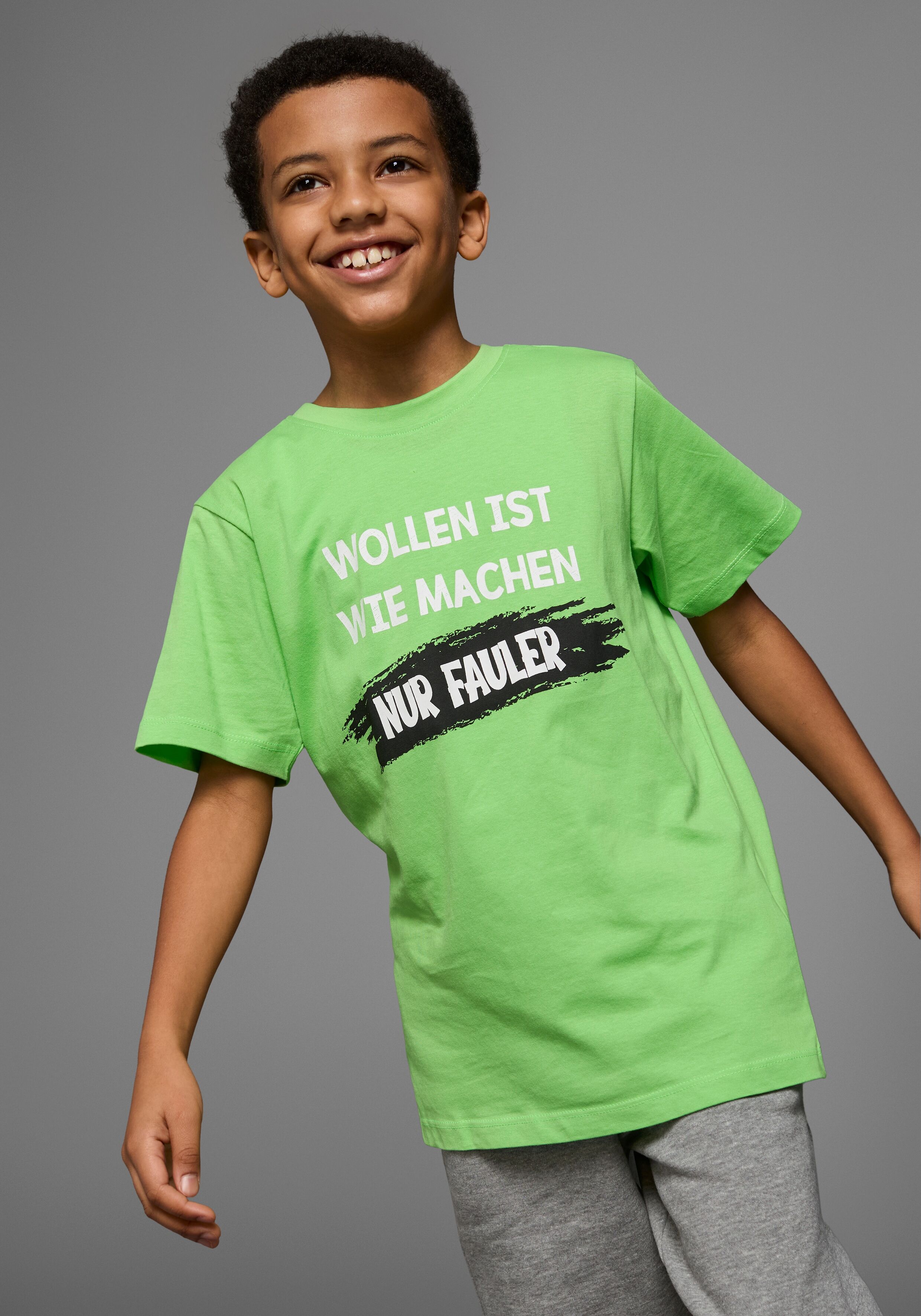 T-Shirt KIDSWORLD "Mit Spruch: WOLLEN IST WIE MACHEN....", Jungen, Gr. 128/134, grün, Jersey, Obermaterial: 100% Baumwolle, bedruckt, Basic, Basic, Rundhals, Shirts T-Shirt, Kurzarm, Basic-Passform, bedruckt, Rundhalsausschnitt grün 128/134