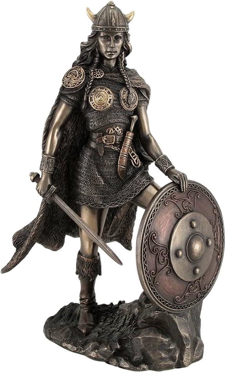 Veronese Design Schildmaagd Bronskleurig Viking Beeld voor op Tafel, Hoogte: 26 cm
