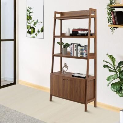 Balsam 5-Shelf Ladder Walnut Wooden Bookcase with Storage Cabinet