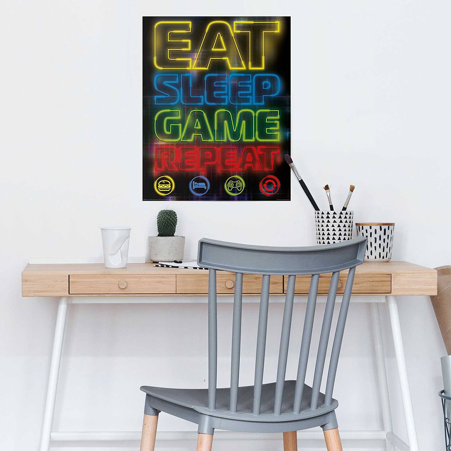 home24 Poster Eat Sleep Game Repeat, papier, meerdere kleuren, 40 x 50 cm