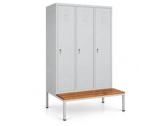 Schrank & Stuhl – Metallspind mit 3 Abteilen, Trennwand und Sitzbank - 40cm Abteilbreite, 220x120x80cm, Schließfachschrank mit Hutboden & Zylinderschlössern, Grau