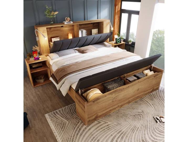COVREO Lit double 180x200 cm avec sommier à lattes lampes de lecture USB tables de chevet et banquette coffre