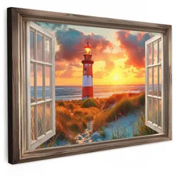 LEINWANDBILD Aussicht - Fenster - Leuchtturm - Sonnenuntergang - Strand Wanddeko 90x60 cm