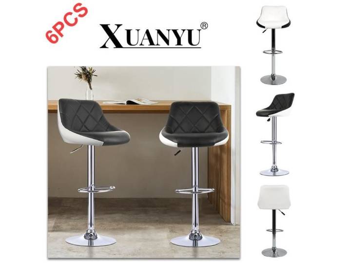 XUANYU 6pcs Tabourets de Bar Chaises Haut Réglable Revêtement en PU Rotatif sur 360° avec Dossier et Repose-Pieds Pied Chromé