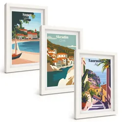 BILDER SET 3er Set - 20x30 cm Weißer Rahmen - Illustrationen von Küstenstädten