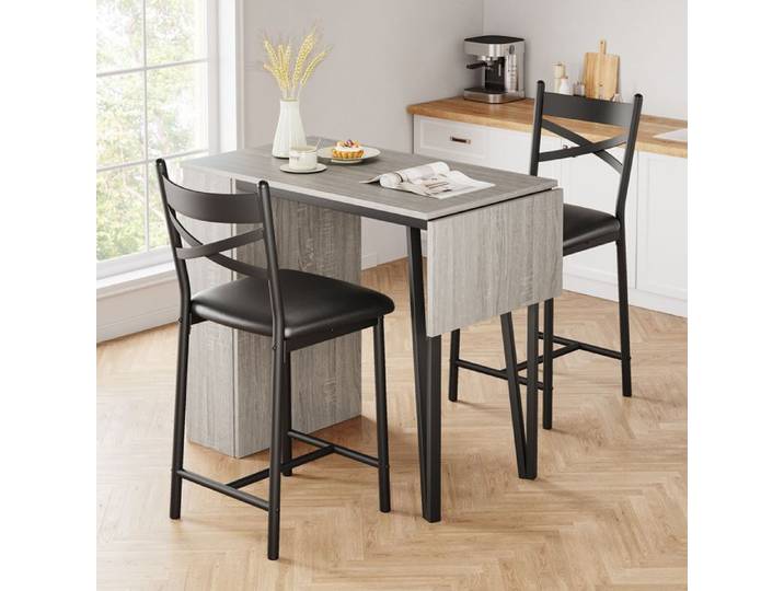 Lot de 3 tables de bar pliables avec 2 tabourets de bar et 3 étagères - Table de bar avec tabourets de bar- gris