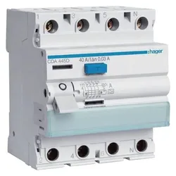 Hager, Schutzschalter, FI 4P 6KA 40A 30MA TYP A VS / CDA445D
