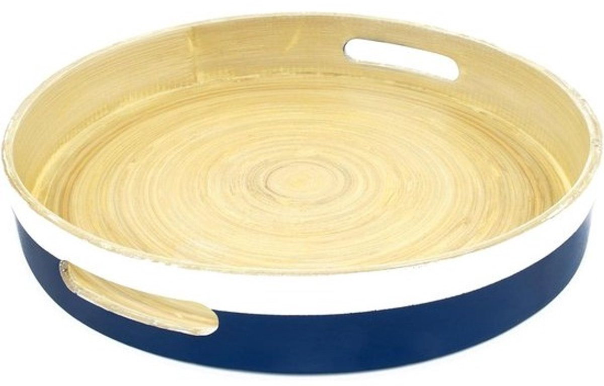 Rond Bamboe Dienblad Blauw Wit met Handvatten