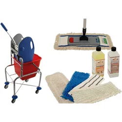 Axis Line Wischmop Komplettset mit Einfachfahrwagen extra hoch 17 Liter und Ersatzmöppe und 2 x Profi Reinigungsmittel 50 cm breit