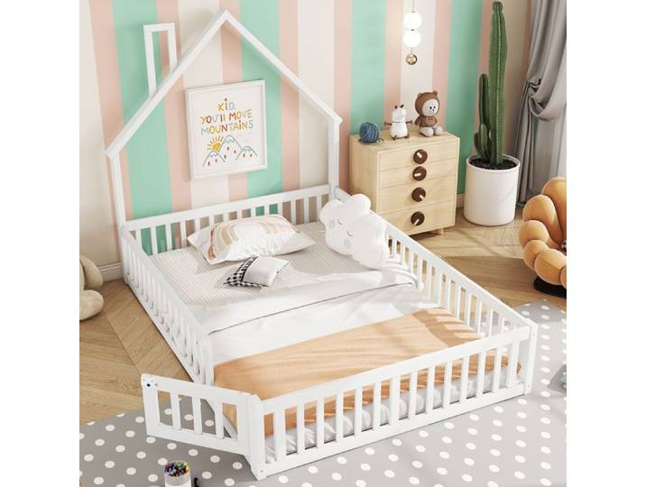 Lit enfant - SOGEU - Design cheminée - 140x190 cm - Blanc - Barrières de sécurité