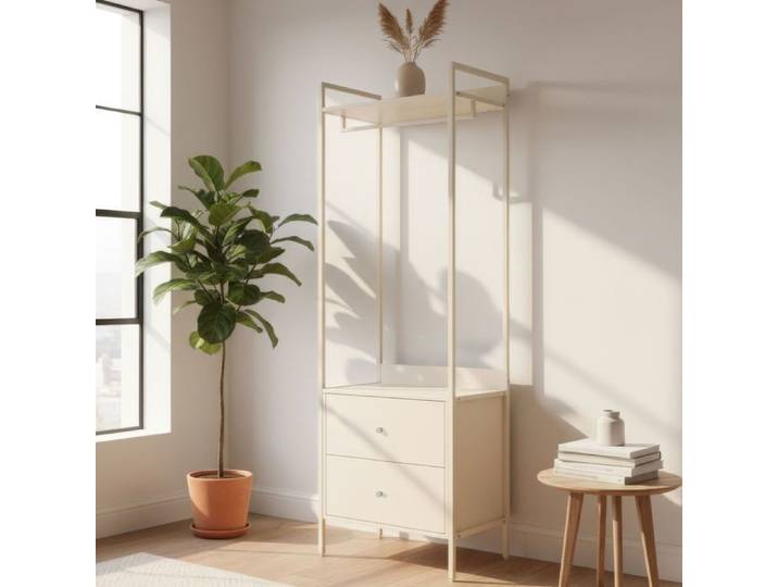Dressing ouvert beige bois et métal avec tiroirs - Beige - Terre de Nuit